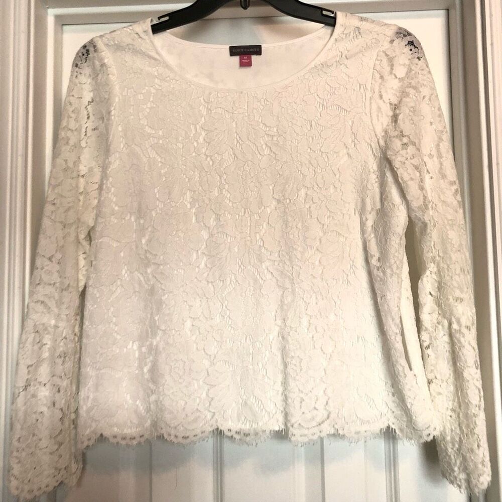 VINCE CAMUTO - L Sz Med Ivory Lace Long-Sleeve Lined Blouse w/Bell Sleeves. EUC - Picture 2 of 12